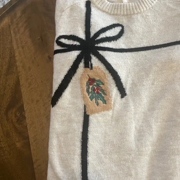 LOFT Cream Sweater with Holiday Bow Design, Women’s size S - Picture 2 of 5